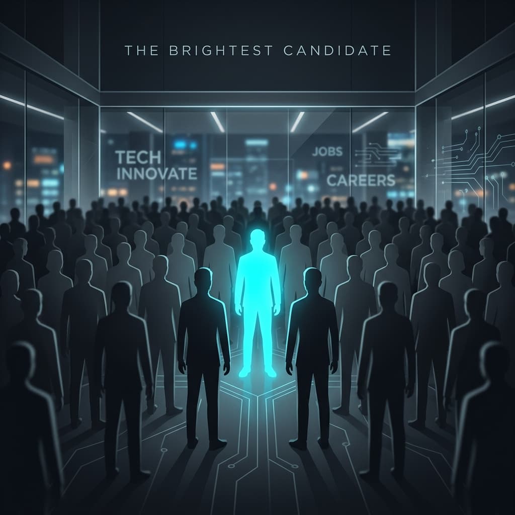 Crowd of silhouettes with one cyan glowing person standing out in the center